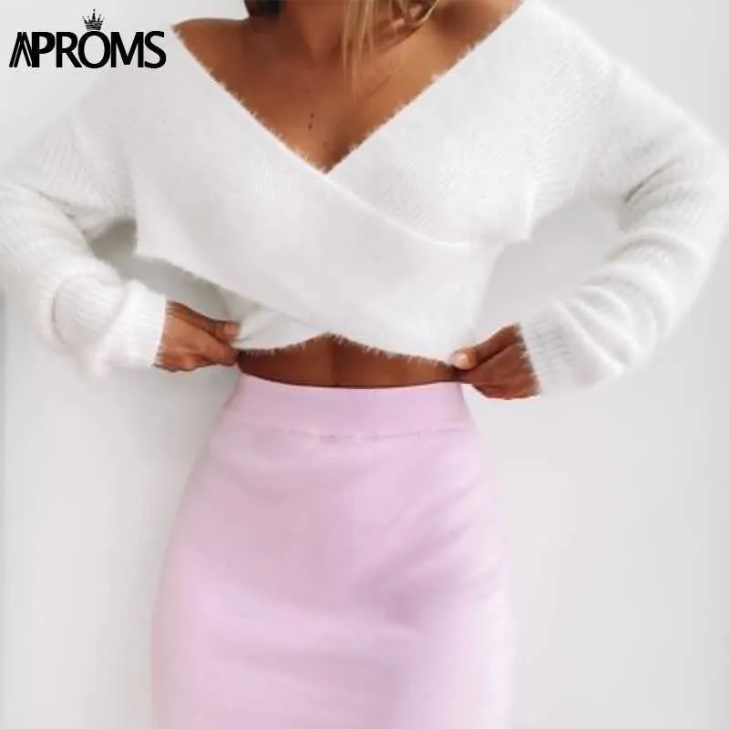 Aproms Pink Fluffy Knitted Sweater Women Autumn Winter V-neck Wrap Front Basic Cropped Pullovers Fashion Outerwear Jumper 210806