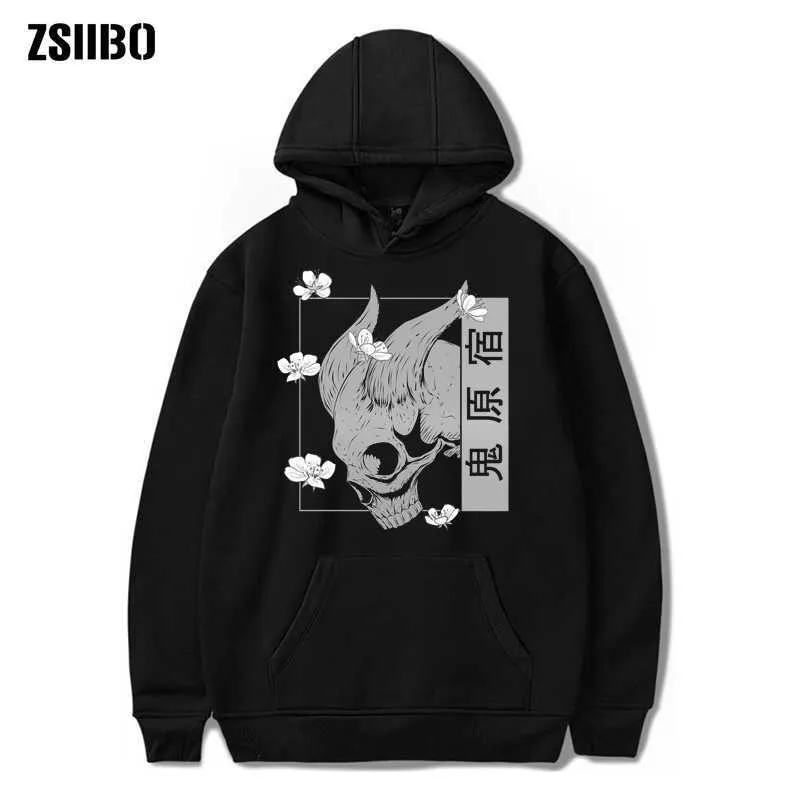 Ghost harajuku Japanse Anime kersenbloesems Hoodies Unisex Sweatshirt Grappige Print mannen Hoodie Mannelijke Streetwear Casual Jas 210813