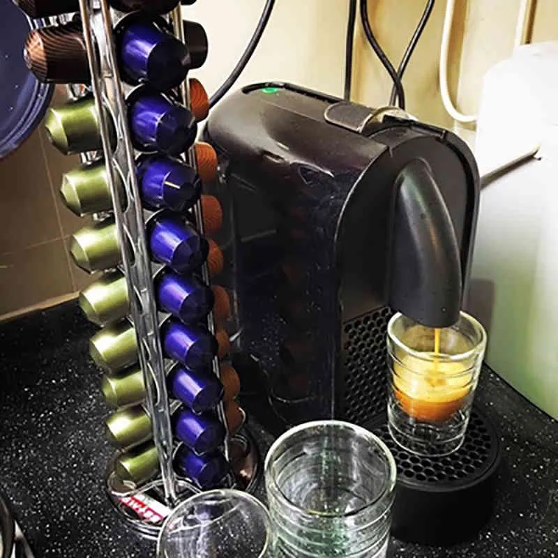 Coffee Pod Holder Stand Stainless Steel Tower Rack Storage Nespresso Capsules Holds 40 Filter 360 Degree Rotation 210423