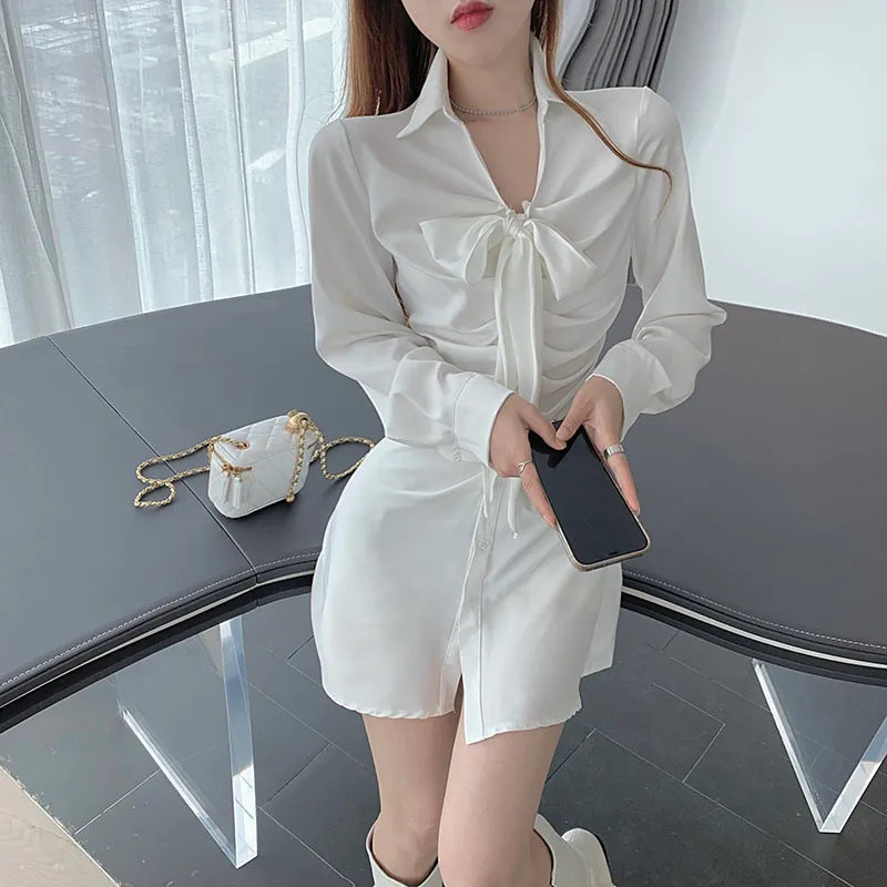 Lucyever Sommer Sexy Schlanke Hohe Taille Mini Kleid Frauen Mode Rüschen Langarm Kleider Frau Koreanische Büro Hemd Kleid Damen 210521