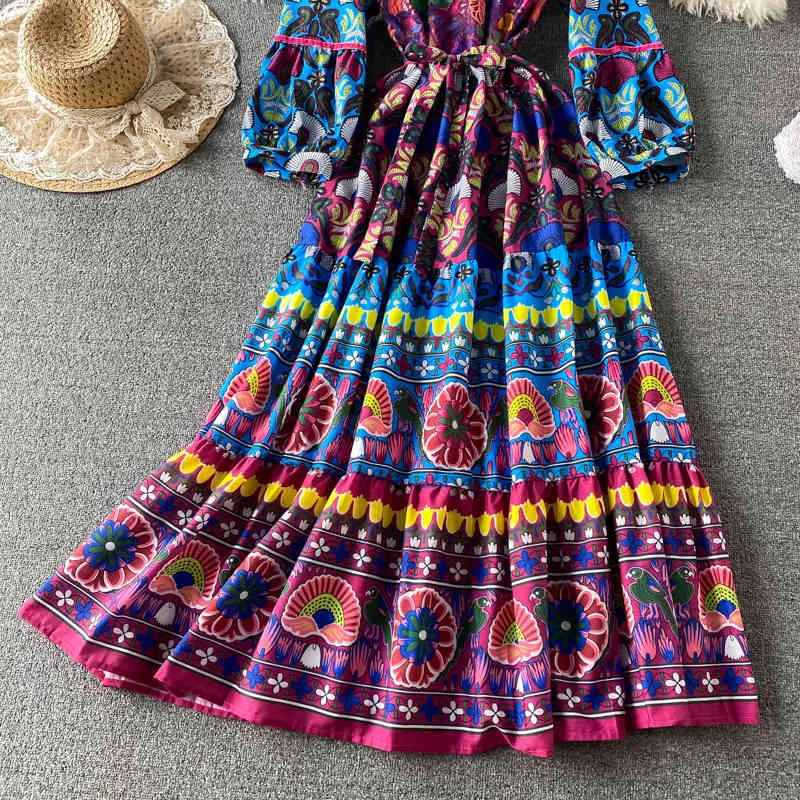 Printemps mode ethnique femmes imprimer Maxi Vestidos col en v lanterne manches bohème vacances plage robe GK434 210506