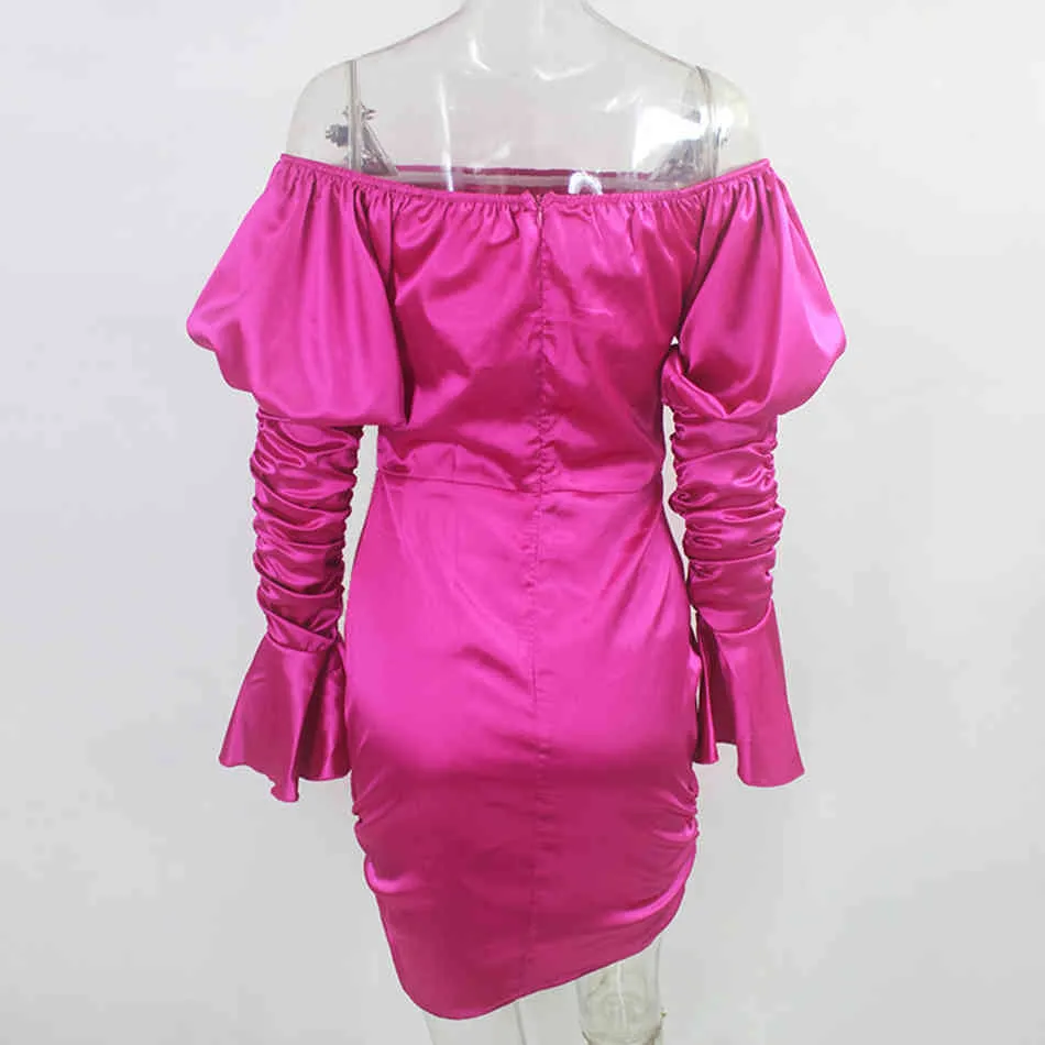 Fashion Party Dress Women's Rose Lantern Manica lunga Night Club Sexy aderente Spalla drappeggiata Mini Vestidos 210524