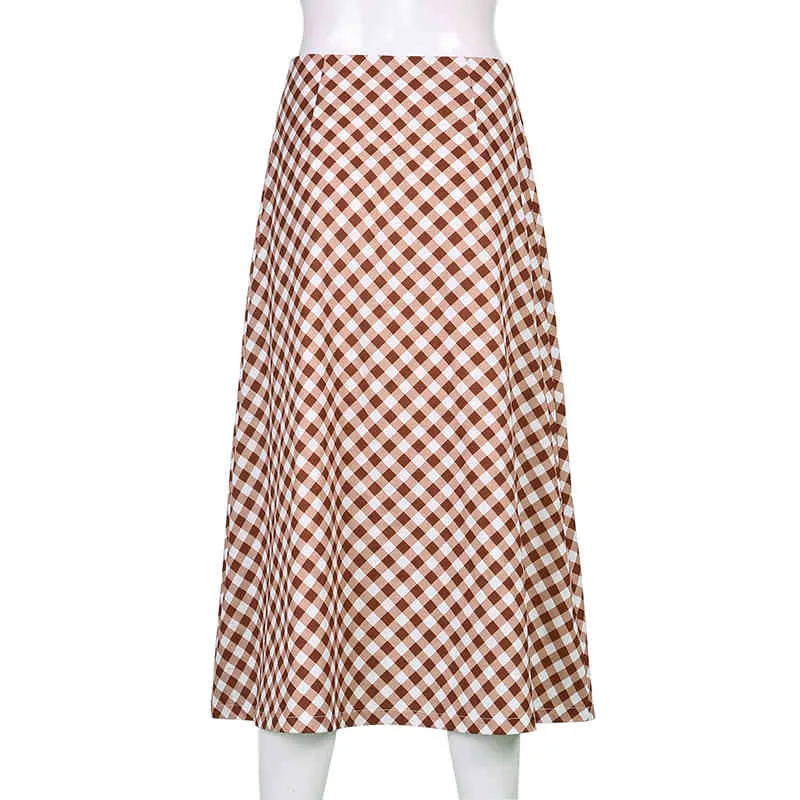 Brown Y2K Jupe longue à carreaux à taille haute Nouvel été Jupes droites en damier de haute qualité pour femmes Vintage Streetwear 210415