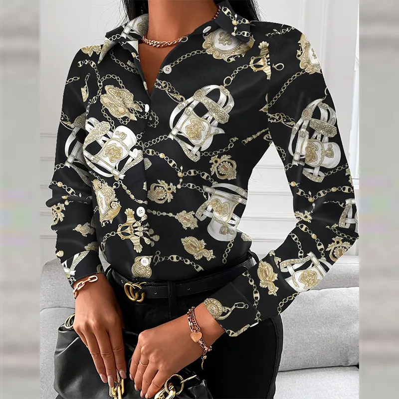 Mode chaîne léopard imprimé dame bureau chemise élégant col rabattu Blouse décontracté bouton à manches longues automne haut pour femme 220225