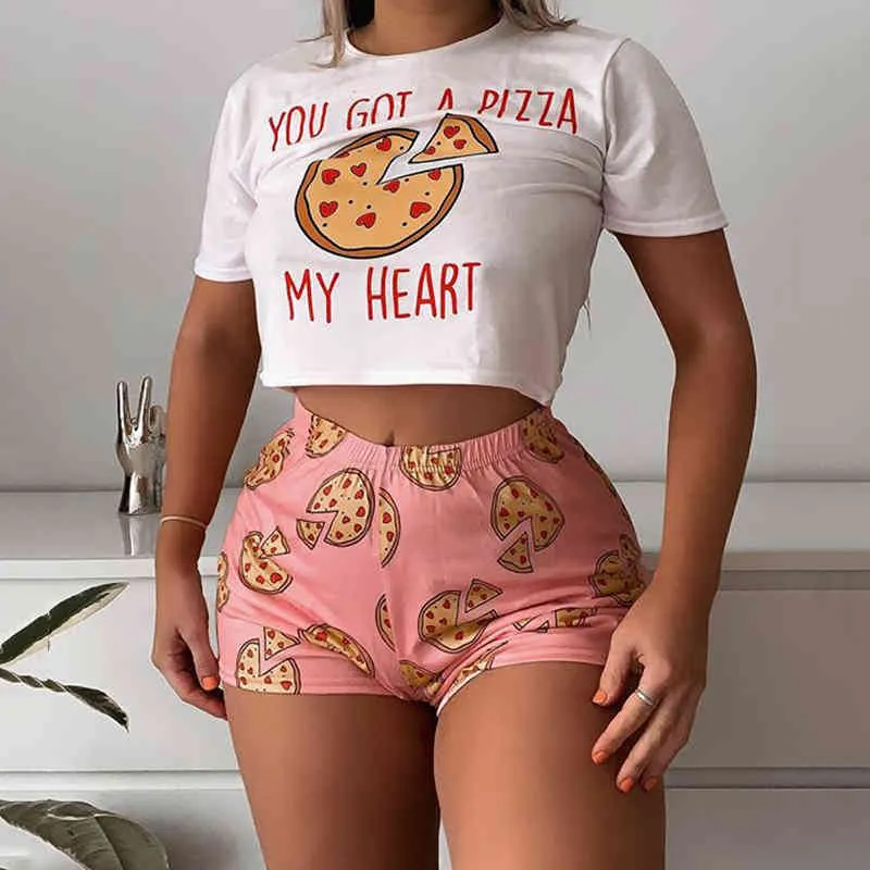 OMSJ 2020 Kadın İki Parçalı Set Yaz Kısa Kollu Kırpma Üst Ve Şort Pizza Desen Baskı Eşleştirme Takım Elbise Lady Lounge Giyim Kıyafetleri X0428