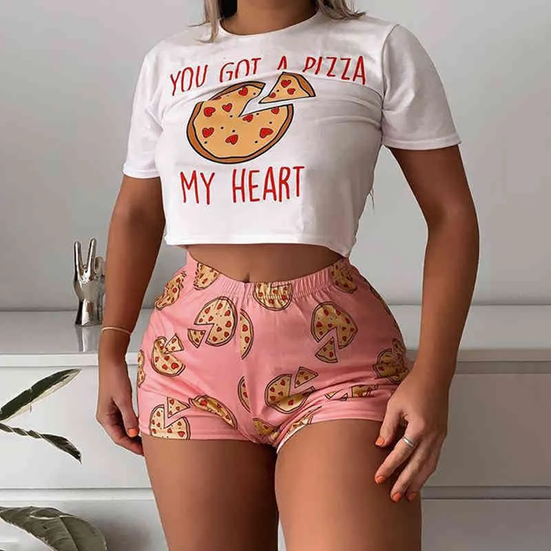 OMSJ 2020 Mulheres Dois Peça De Verão Verão Manga Curta Crop Top e Shorts Pizza Padrão Impressão De Matching Terno Senhora Lounge Desgaste Outfits X0428