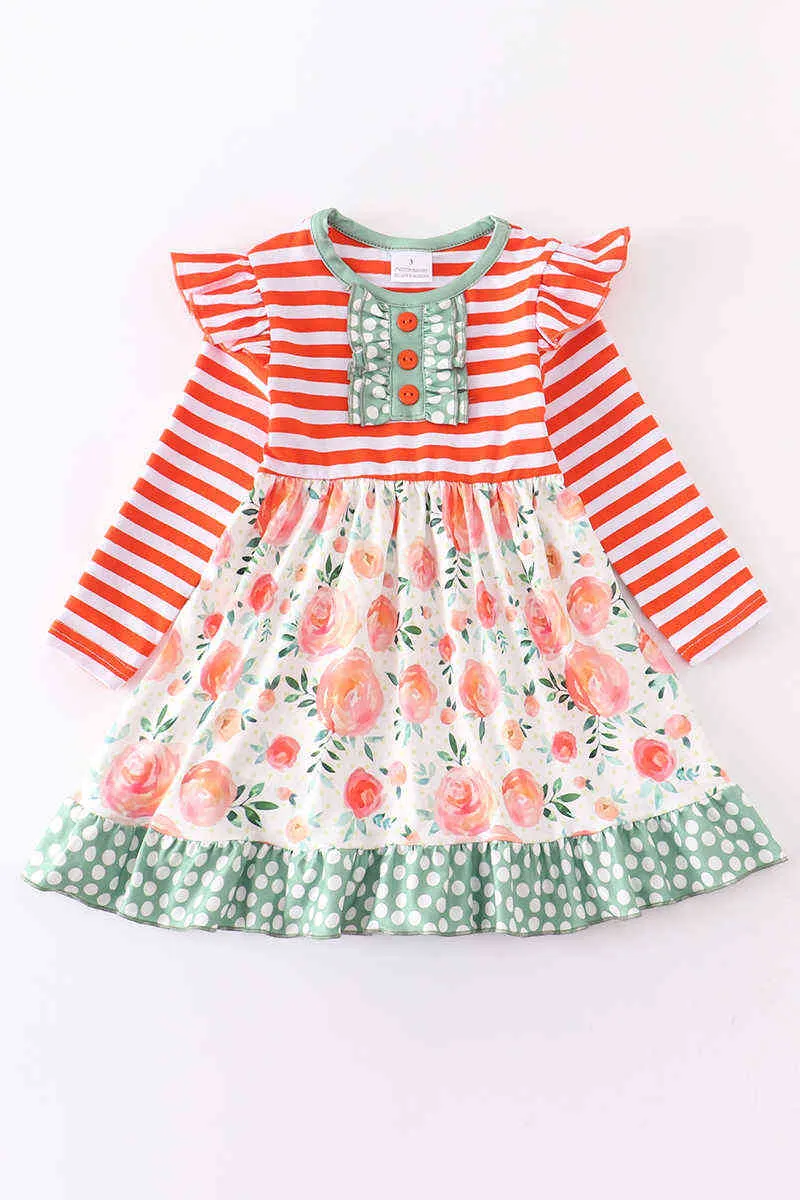 Girlymax Fall Baby Girls Chlidrenキッズ服ミルクシルクパンプキン花柄回転ドレスストライプニーレングス長袖ラッフル211231