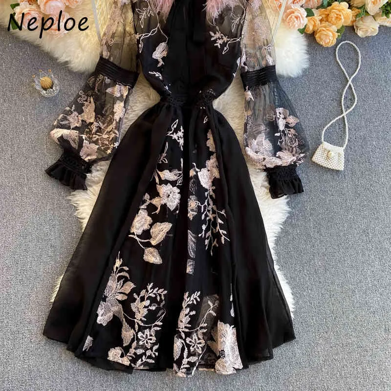 Neploe Vintage Schwere Arbeit Blumenstickerei Kleid Frauen Hohe Taille Hüfte Schärpen Eine Linie Vestidos Frühling Elegante Robe Schlank 210510