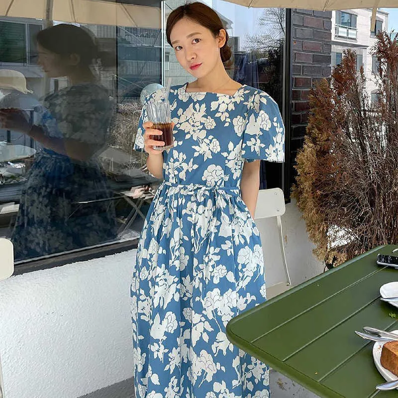 コレヒパアの女性のドレス夏の韓国のシックなフランスのエレガントな西洋風のスクエアネックレースアップウエストフローラルパフスリーブVestidos 210526