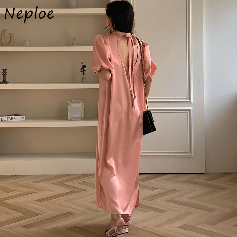 O cou pull à manches courtes solide Robe femmes taille haute hanche une ligne Vestidos été rose Simple Ol travail Robe 210422