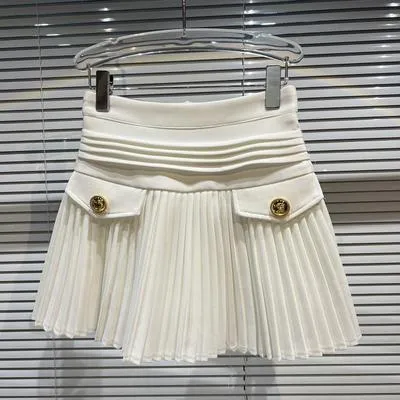 Estilo formal branco plissado uma linha dança mini saia primavera outono cintura alta bolso costura inchado curto 220423