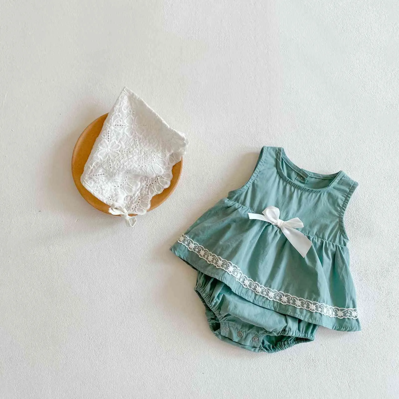 Verão novo bebê meninas bow bodysuit bebê meninas macacão um pedaço de algodão recém-nascido roupa de algodão criança roupas com headband 210413