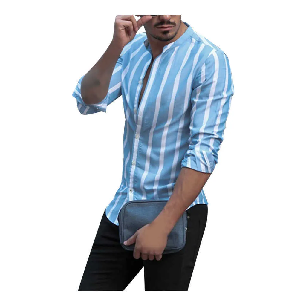 KANCOOLD Gömlek erkek Moda Çizgili Baskılı Uzun Kollu Nefes Slim Fit İş Bluz Erkek Gömlek Rahat May29 210721