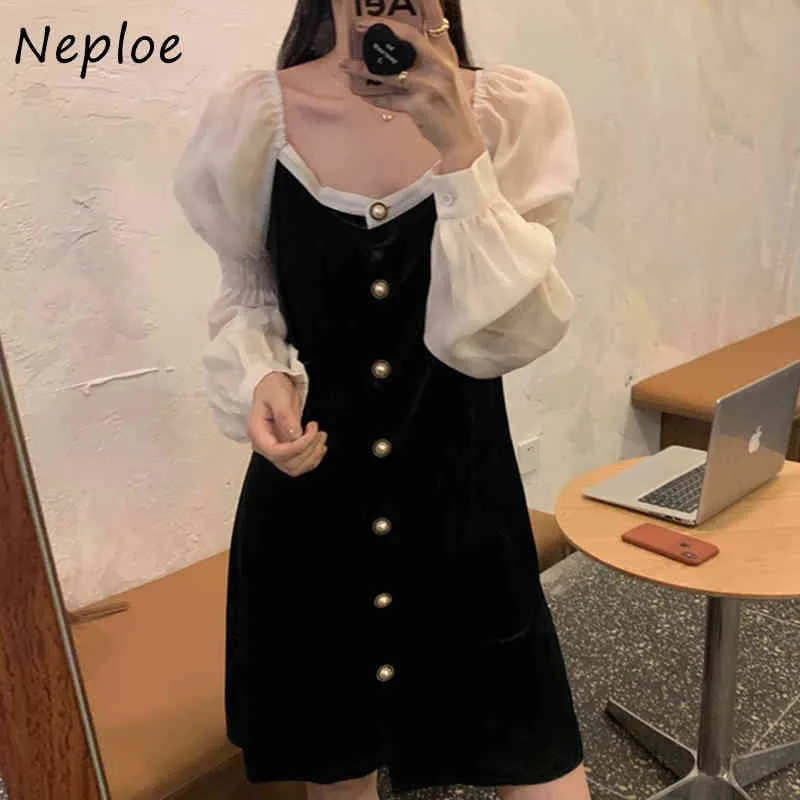 V Neck Single Breast Design Slim Dress Women High Waist Hip A Line Velour Vestidos Puff Long Sleeve Party Robe 210422