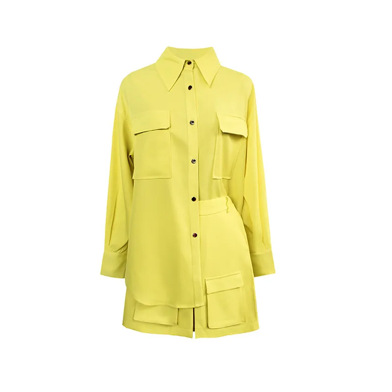 Costume jaune lâche col montant goutte épaule manches chemise taille haute jupe courte ensemble femmes mode vêtements manteaux femmes 210422
