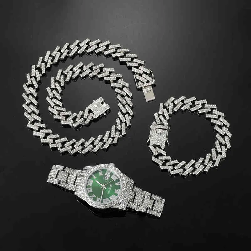 Hip Hop 15 MM 3 pièces KIT montre + collier + Bracelet Bling cristal AAA + glacé strass broches chaînes cubaines pour femmes hommes bijoux