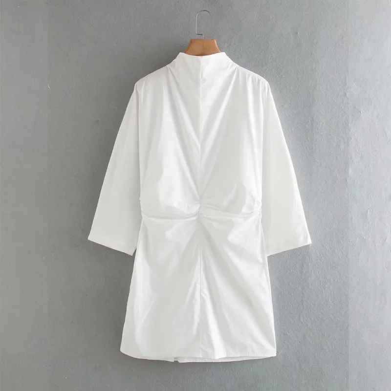 Vestido plisado de verano para mujer, manga larga, cuello levantado, camisas blancas informales, Mini vestidos elegantes de calle para mujer 210513