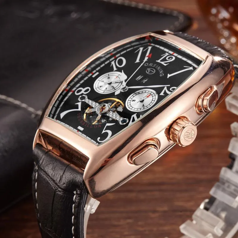 Rose Gold Square Skeleton Mechanical Watch Men Automatic Self-Wind Leather Band Wristwatch Male Relogio Masculino Wristwatches3094