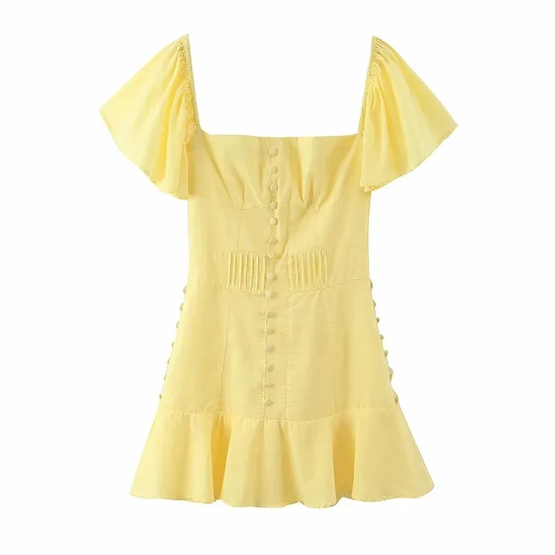 Vooridol knop flare mouw vintage geel feestjurk vrouwen vierkante kraag A-lijn korte mini-jurk Koreaanse mode vrouwen kleding 210415