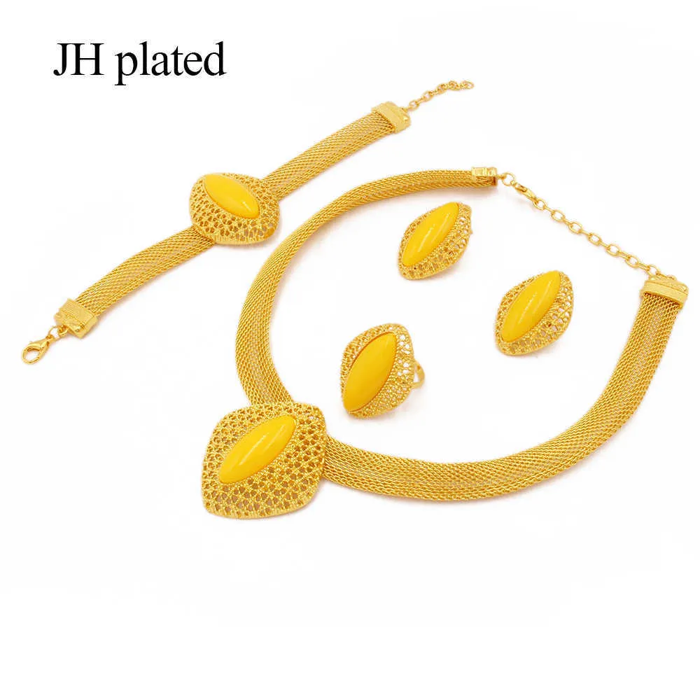 African 24k gold color jewelry sets for women Dubai bridal wedding wife gifts gem necklace bracelet earrings ring jewellery set 210619