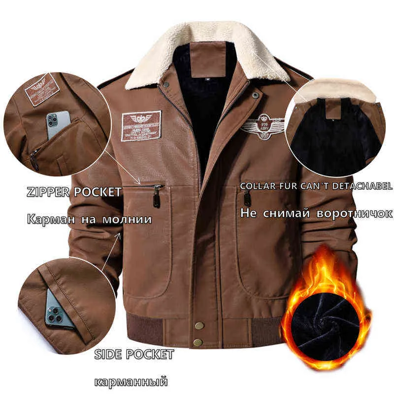 Veste en cuir de moto de bombardier pour hommes Vintage Brown Manteau de vol militaire Hiver Polaire Faux Cuir Pigskin Plus Taille Jaqueta 211124