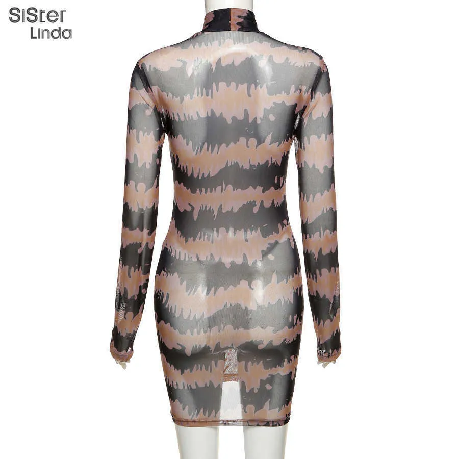 Sisterlinda Maglia sexy trasparente aderente Mini abiti da donna Manica lunga a righe Sheer Skinny Elastico Slim Night Party Clubwear Y1006