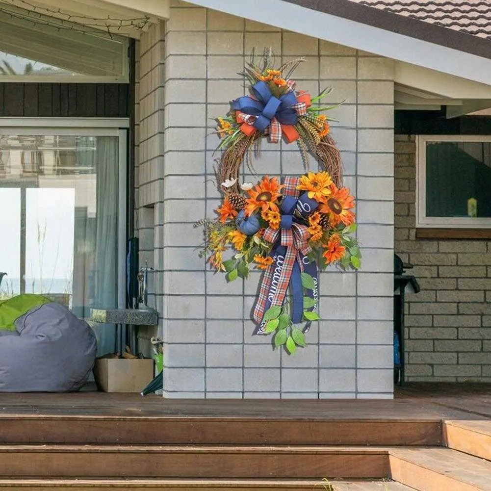 シミュレーションヒマワリカボチャの花輪前面ドア装飾人工松向緑色の葉ガーランドショップウィンドウ壁掛け飾りY0901
