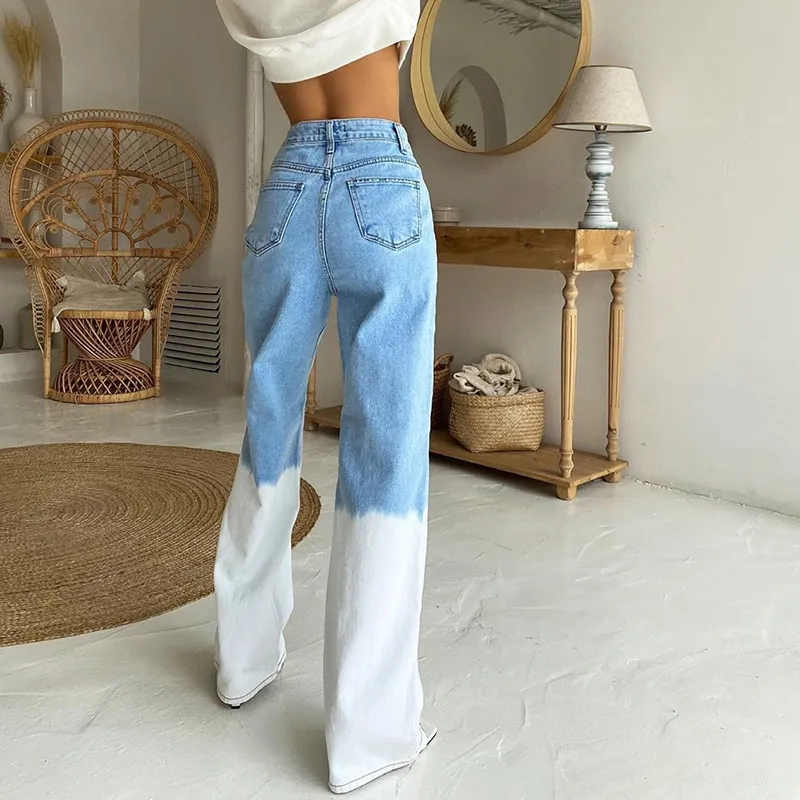 Ezgaga Kobiety Jeans Dye Dye Patchwork Wysoka Talia Szerokie Spodnie Nogi Moda Dżnobój Dżnowo Spodnie Wszystkie Dopasowanie Femme Pantalon Streetwear 210430