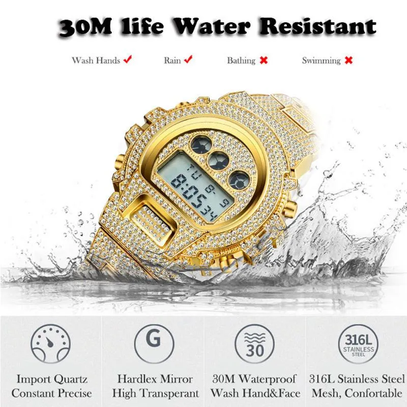 Iced Out Diamond Watch Men Luxury LED Digital Mens Watches Waterproof Sports Wristwatch Man Fashion 18K Gold Steel Male Clock Wris281q