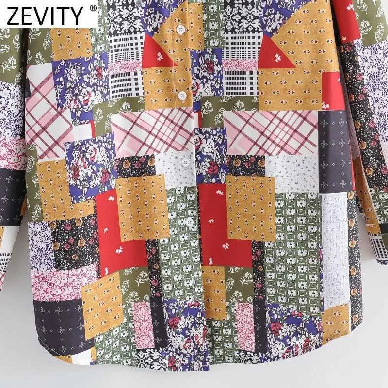 Zevidade Mulheres Vintage Pano Patchwork Imprimir Casual Slim Smock Blusa Escritório Senhoras Desativar Colares Camisa Chic Blusas Tops LS9148 210603