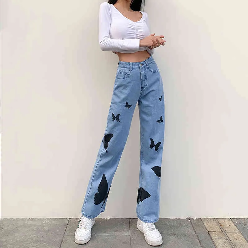 Butterfly Print Straight Blue Denim Pants For Women Y2K Jeans For Girls Female Fashion High Waist Trouser Capris Streetwear 210415