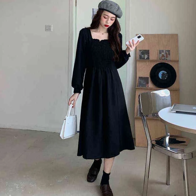 Женщины с длинным рукавом платье плюс размер 3XL новый черный квадратный воротник высокая талия A-Line Mid-Calf французский стиль элегантные дамы шикарный корейский G1214