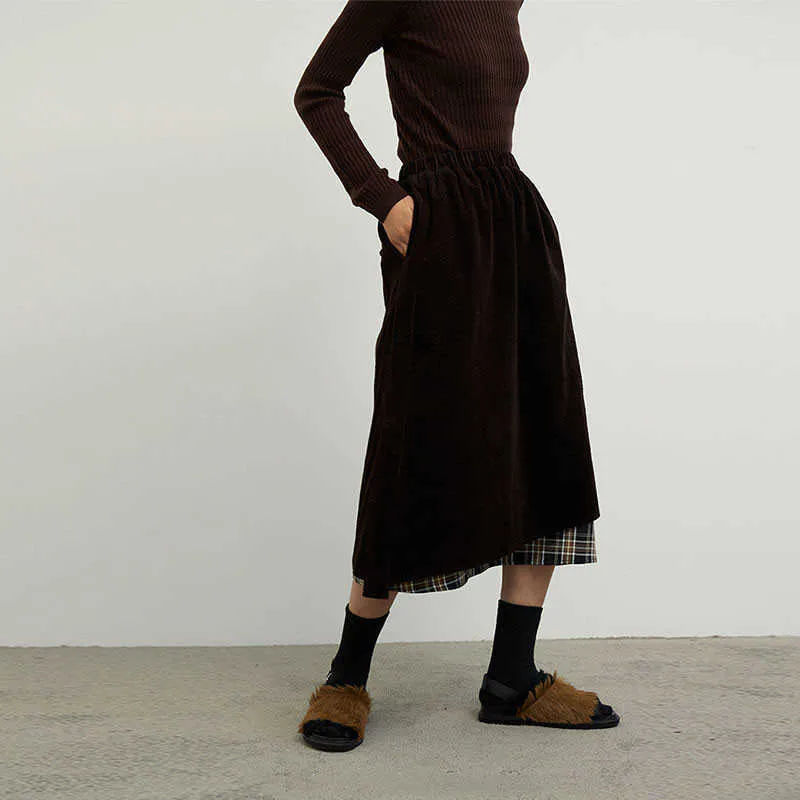 Japanska vårkvinnor Corduroy Plaid Long kjol Korean damer Elastic Casual High midja A-line kjolar Fashion Streetwear 210619