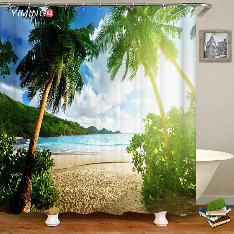 様々な日当たりの良いビーチの風景の海辺の3 d印刷のシャワーカーテンポリエステル防水家の装飾ホック210915