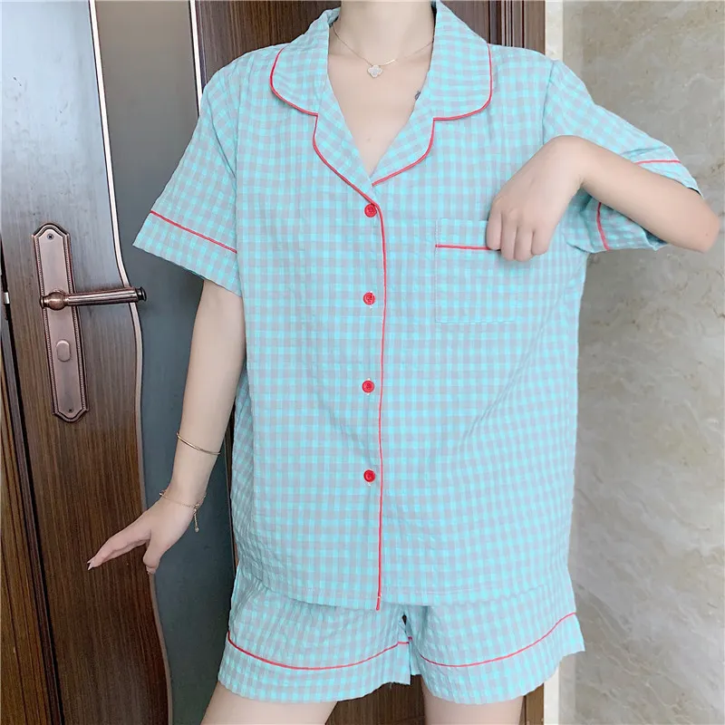 Geometric Party Girls Fashion All Match Casual Cotton Femme Plaid Loose Sleepwear Chic Women Pigiama Set 210525