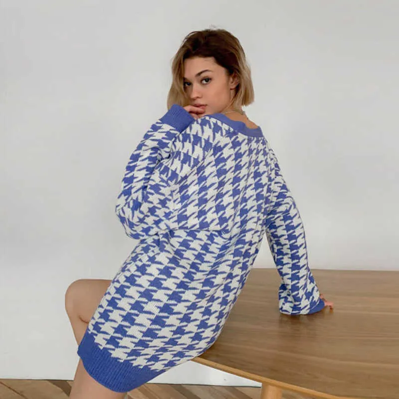 MUICHES Casual Geometrische England Stil Pullover Frau V-ausschnitt Einreiher Langarm Strickjacke AW Datum Büro 210914