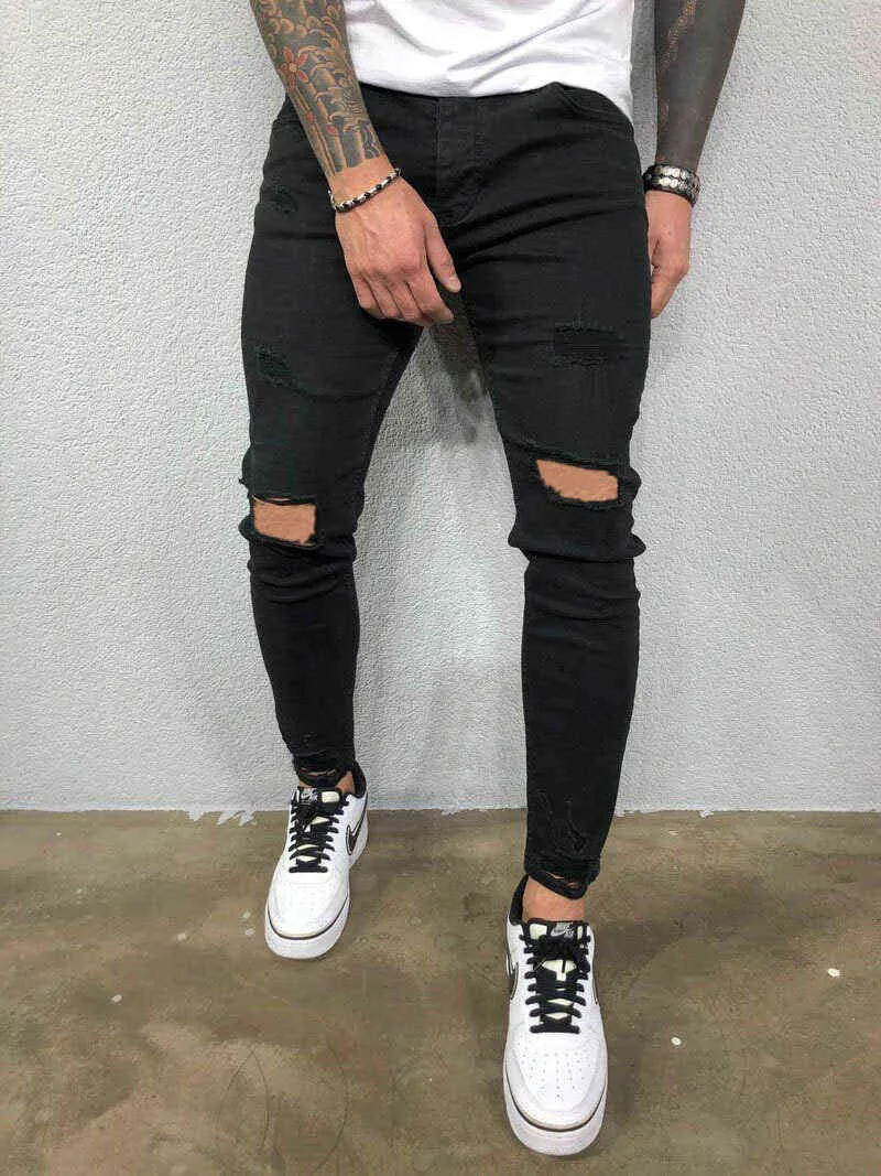Mens jeans svart blå cool skinny rippad stretch smal elastiska denim byxor stor storlek för manlig vår sommar höst hip hop 211120