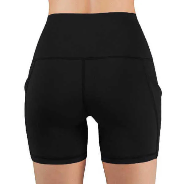 Sommer Atmungsaktive Frauen Hohe Taille Shorts Elastizität Gym Workout Push-Up Dünne Seite Tasche Schwarz 210604