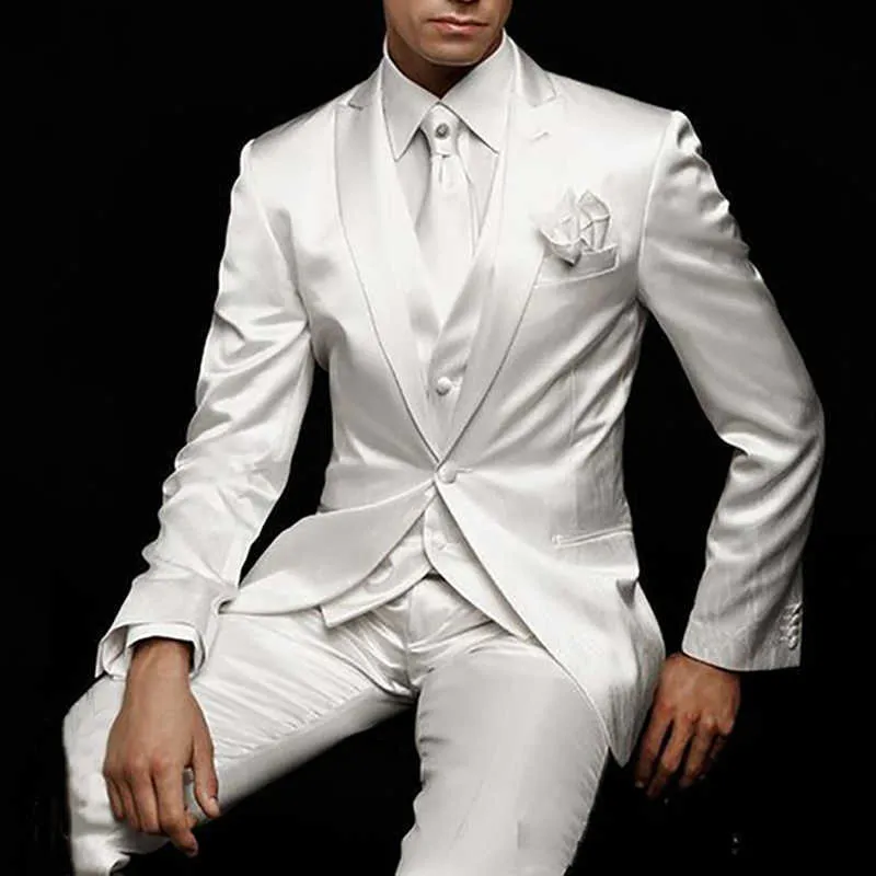 White Groom Tuxedo for Wedding Satin Slim Fit Men Suits Prom Male Fashion Jacket Vest with Pants Custom Costume 2021 X0909
