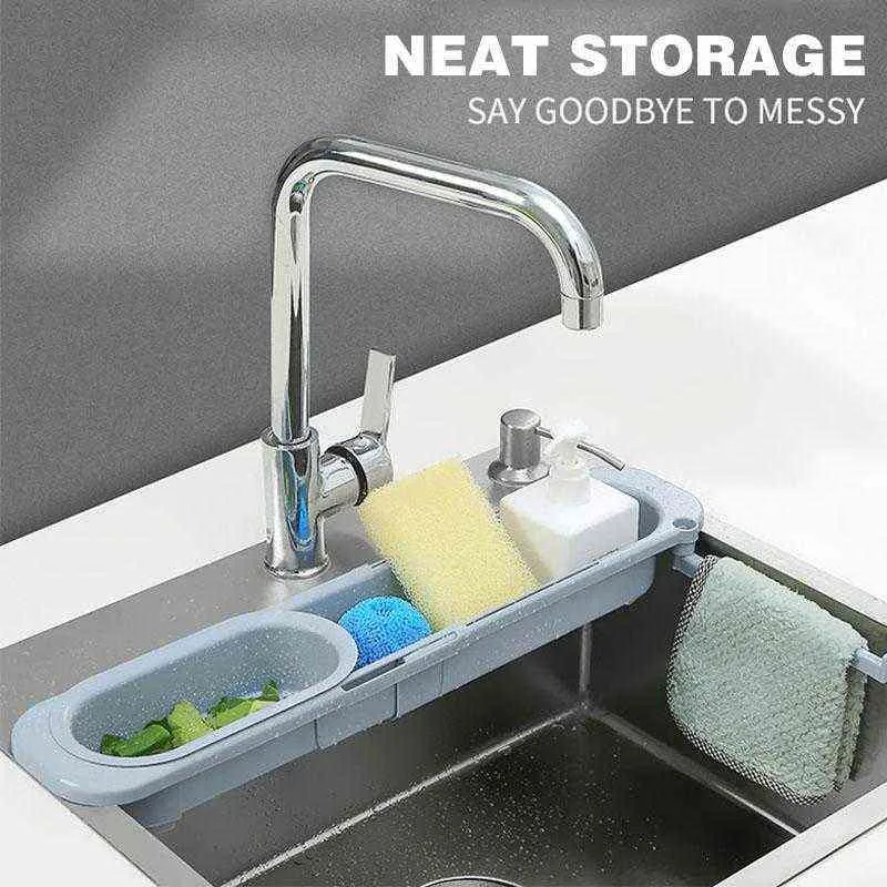 Telescopic Sink Rack Storage Holder Tray Home Kitchen Organizer Sponge Soap Adjustable Drainer Basket with Towel Bar 211112