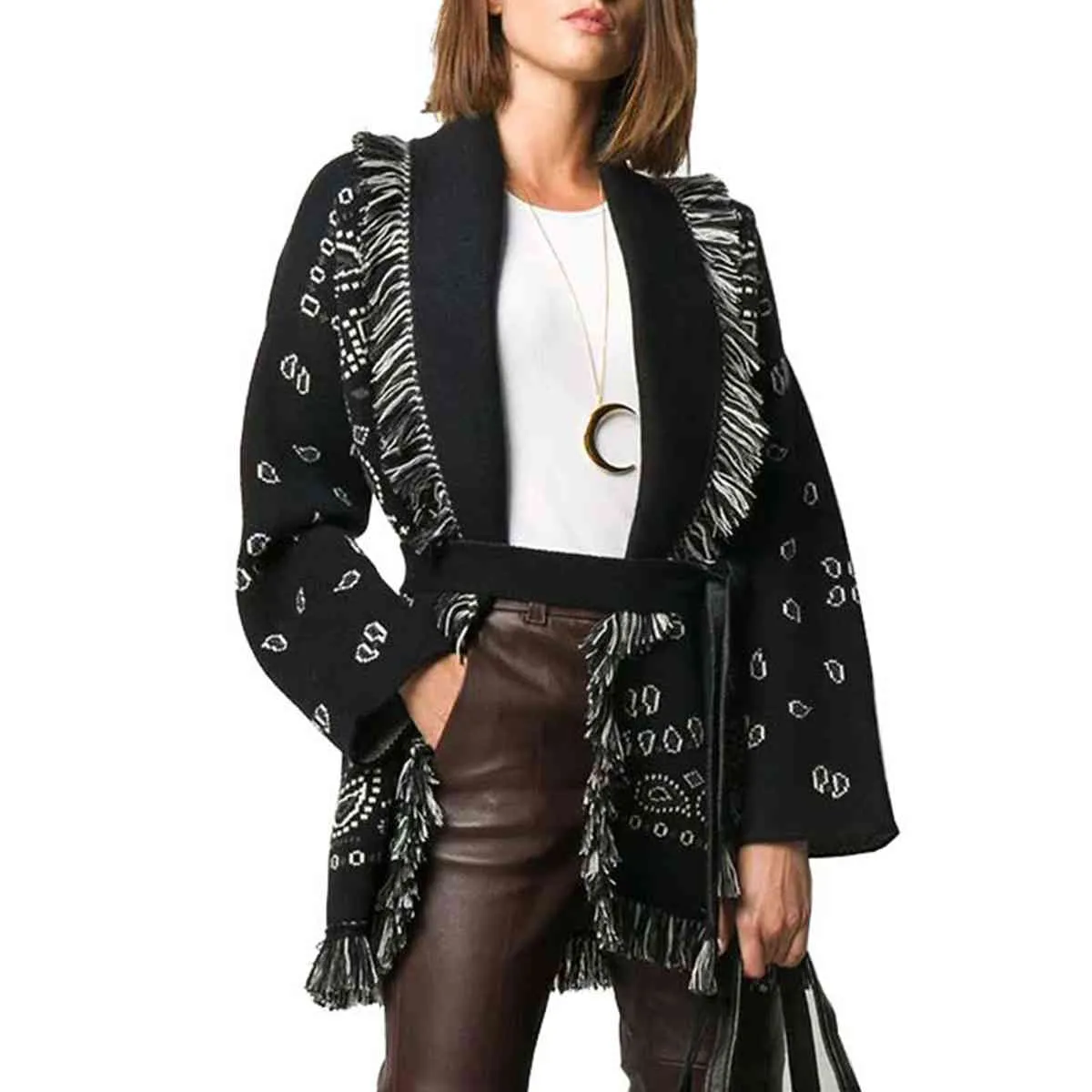 Jastie Paisley Pattern Jacquard Cashmere Cardigan Kvinnor Chic Tassel Stickad Sweater Coat Långärmad Höst Vintertröjor 210419