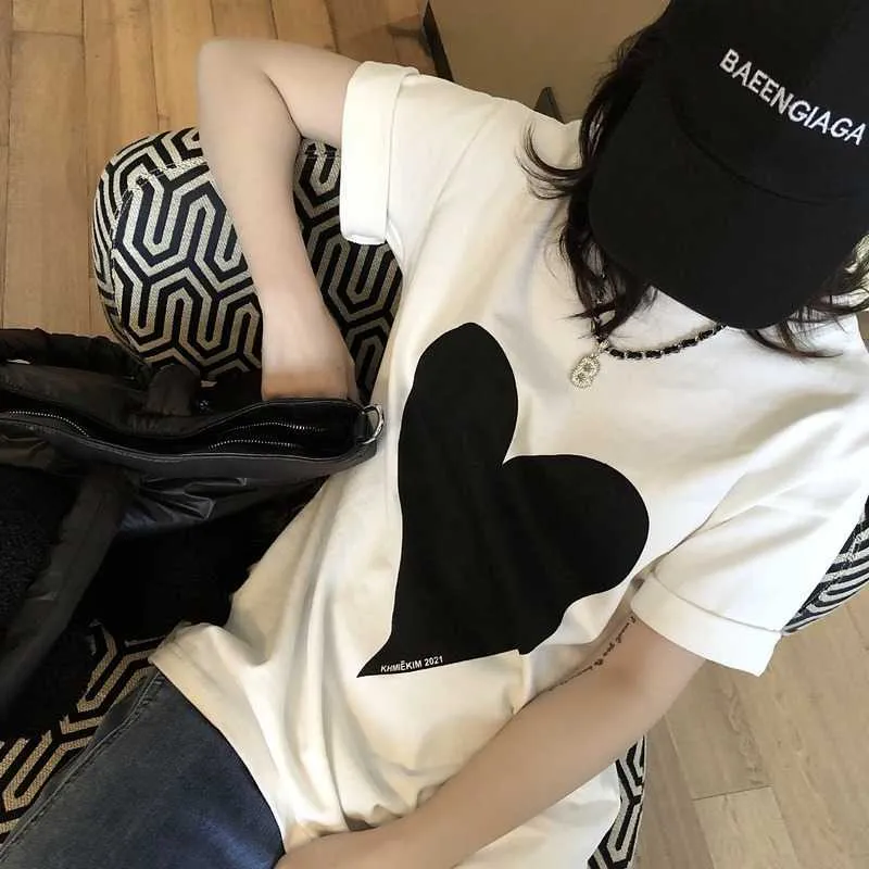Sommer Kurzarm Oansatz Herz Druck T-shirt Frauen Koreanische Mode Tops Lose Beiläufige Süße Weibliche T-shirt 13A254 210525