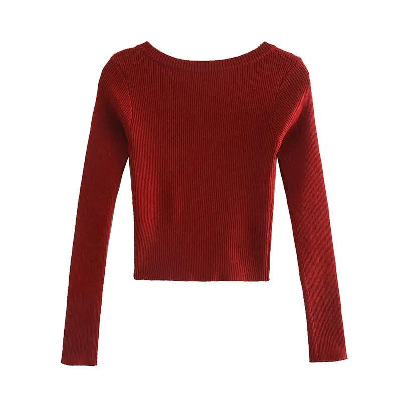 BLSQR Vintage col carré femmes pull rouge à manches longues femme pull tricoté élasticité dames pull pull 210430