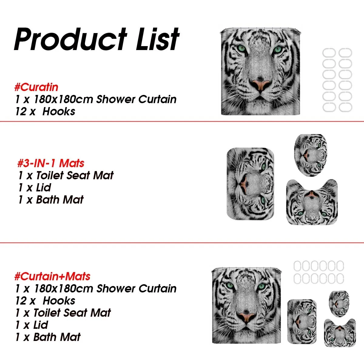 180x180cm //White Tiger With 12 Hooks Bathroom Shower Curtain Toilet Mat Lid Rug Curtain Sets 210402