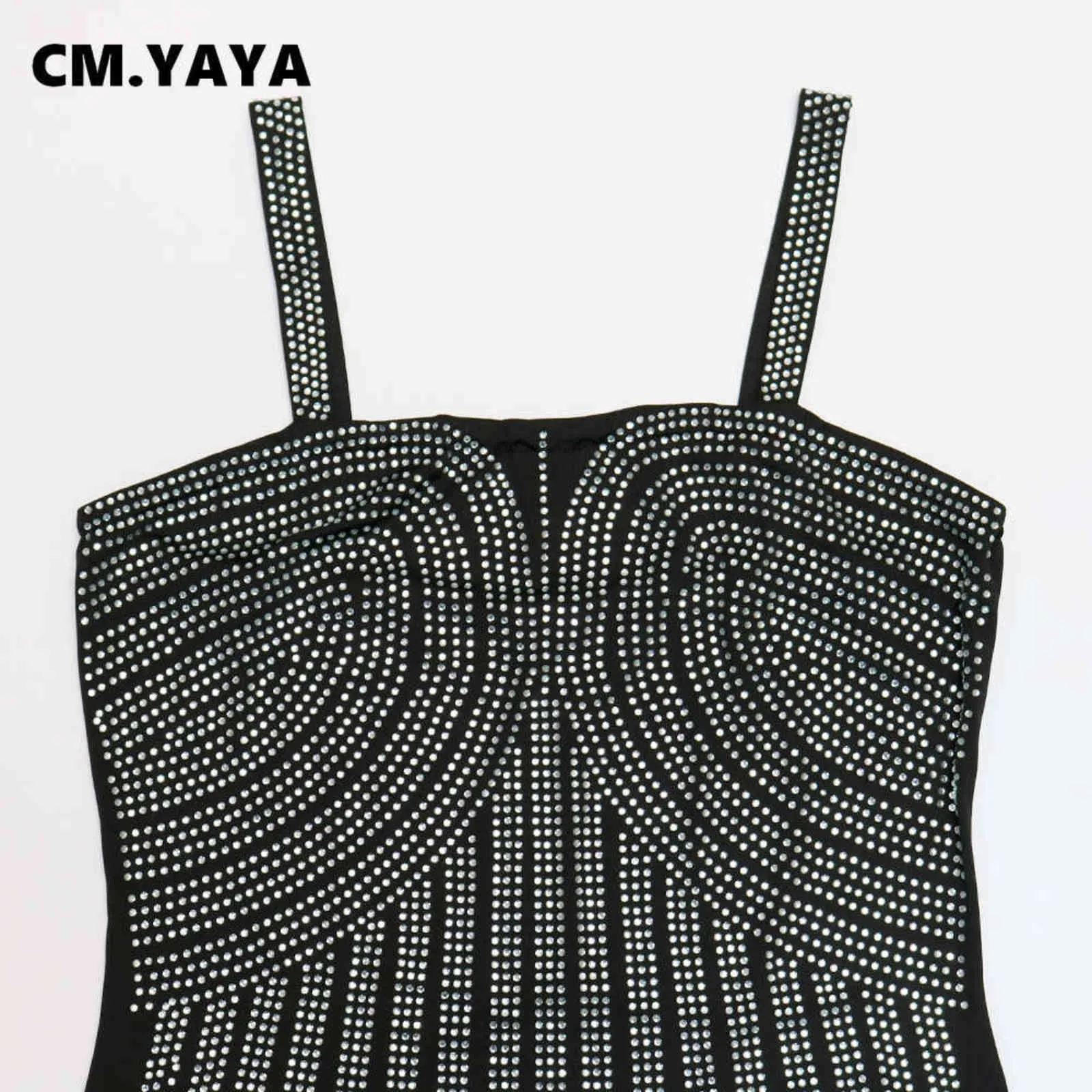 CM.Yaya Kadınlar Rhinestones Diamonds Ekleme Tankı Kolsuz Bodycon Midi Mini Elbise 211115