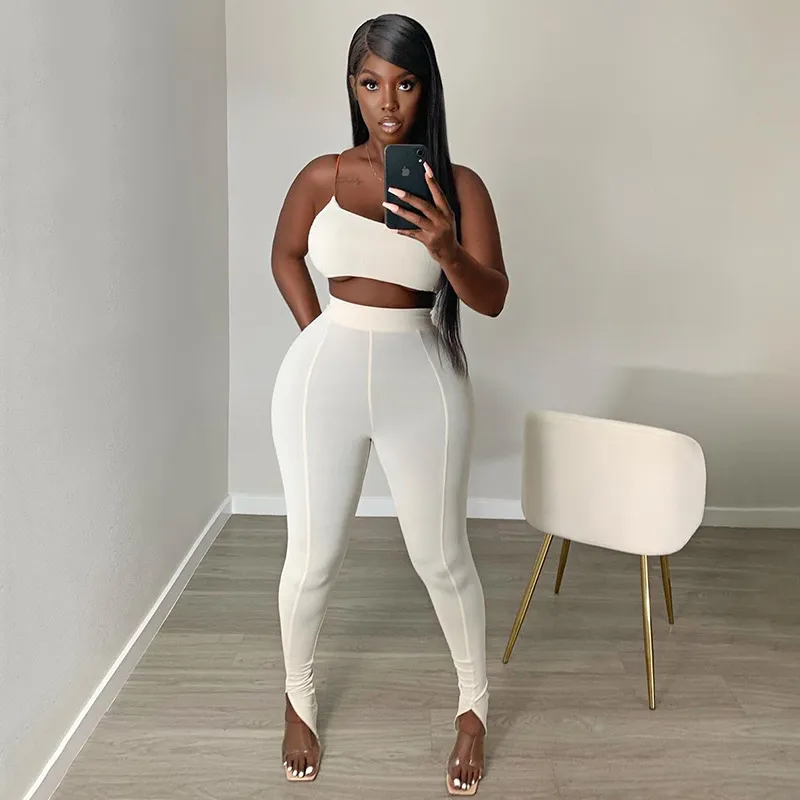 Joskaa Sexy One Shoulder Womens Summer Bodycon Outfit Club White Sporty Two Piece Set Crop Top Slit Pants Leggings X0428