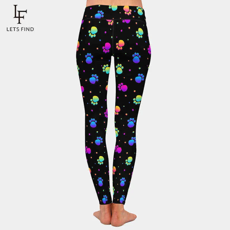 LETSFIND Cute Colourful Dog PAWS Stampa Plus Size Slim Leggings da donna Vita alta Pantaloni fitness Legging casual 211204