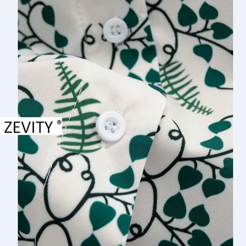 Zevity Women vintage o neck long sleeve green leaves print shirt dress office lady breasted vestido chic midi Dresses DS4205 210603