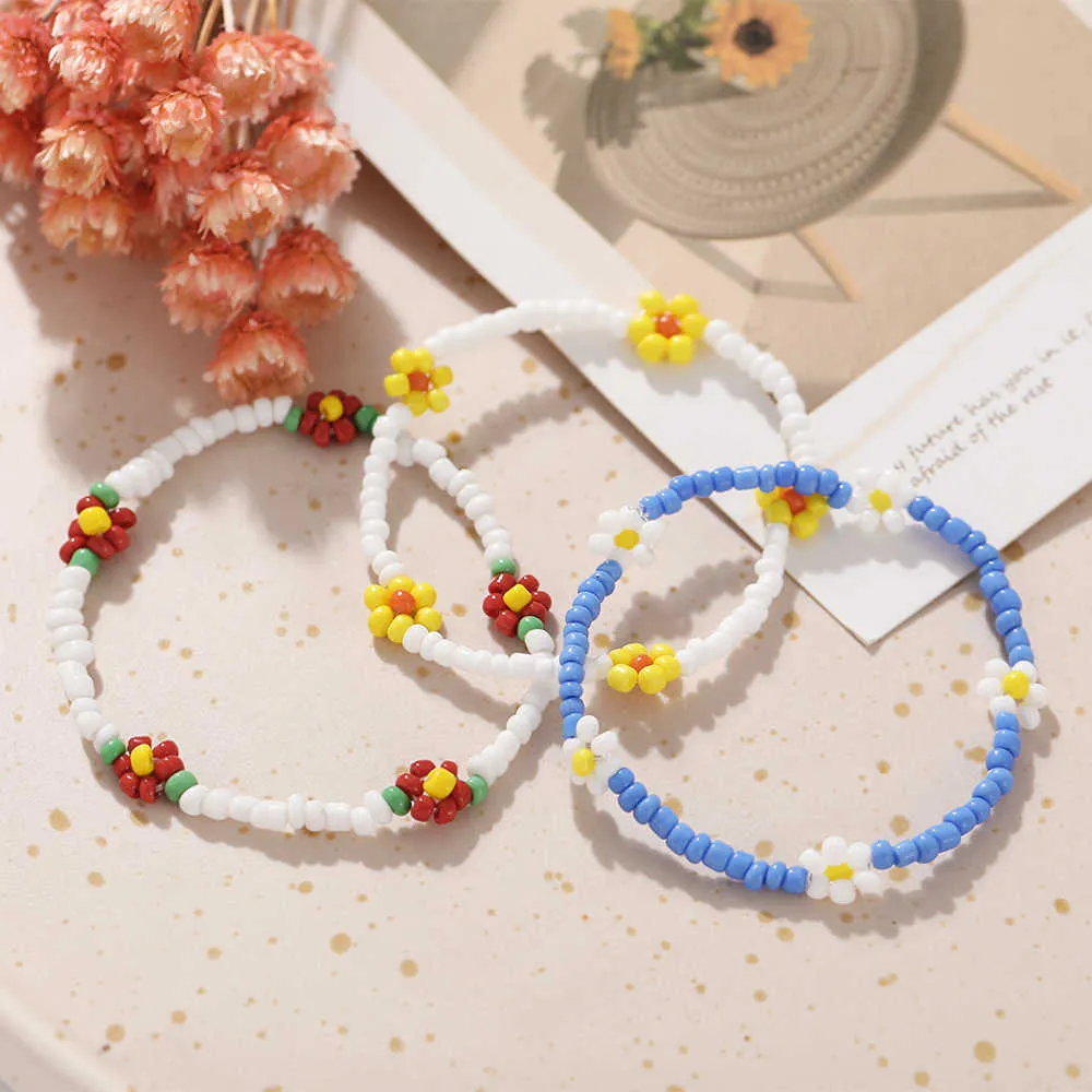 Koreanska blommor daisy pärlor armband för flicka transparent färgglad pärlstav handgjord elastisk armband för kvinnor trend smycken g1026