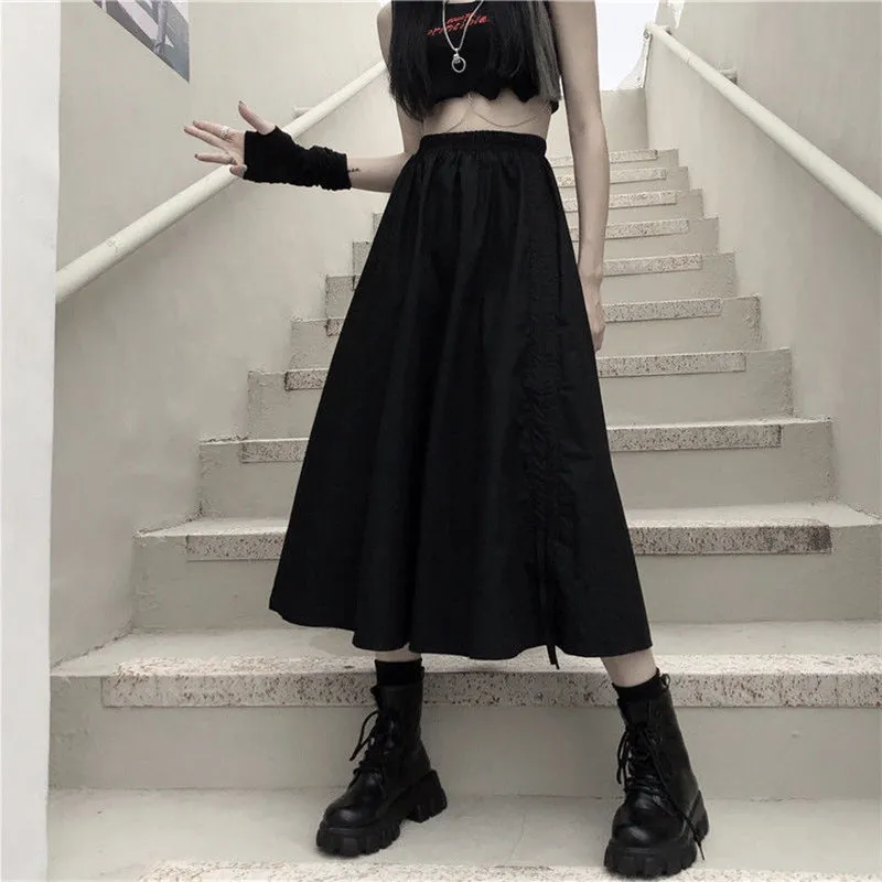 Harajuku Style coréen Blanc Noir Maxi Jupe pour femmes École Adolescents Irrégulière Taille Haute Mode Long S 210421